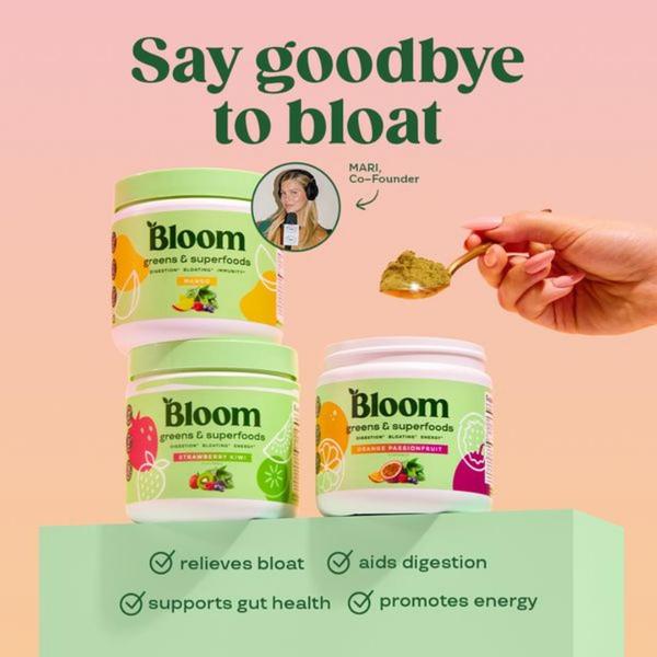 A 1:1 format creative showcasing three product tubs, a spoonful of powder, and a clear list of health benefits.